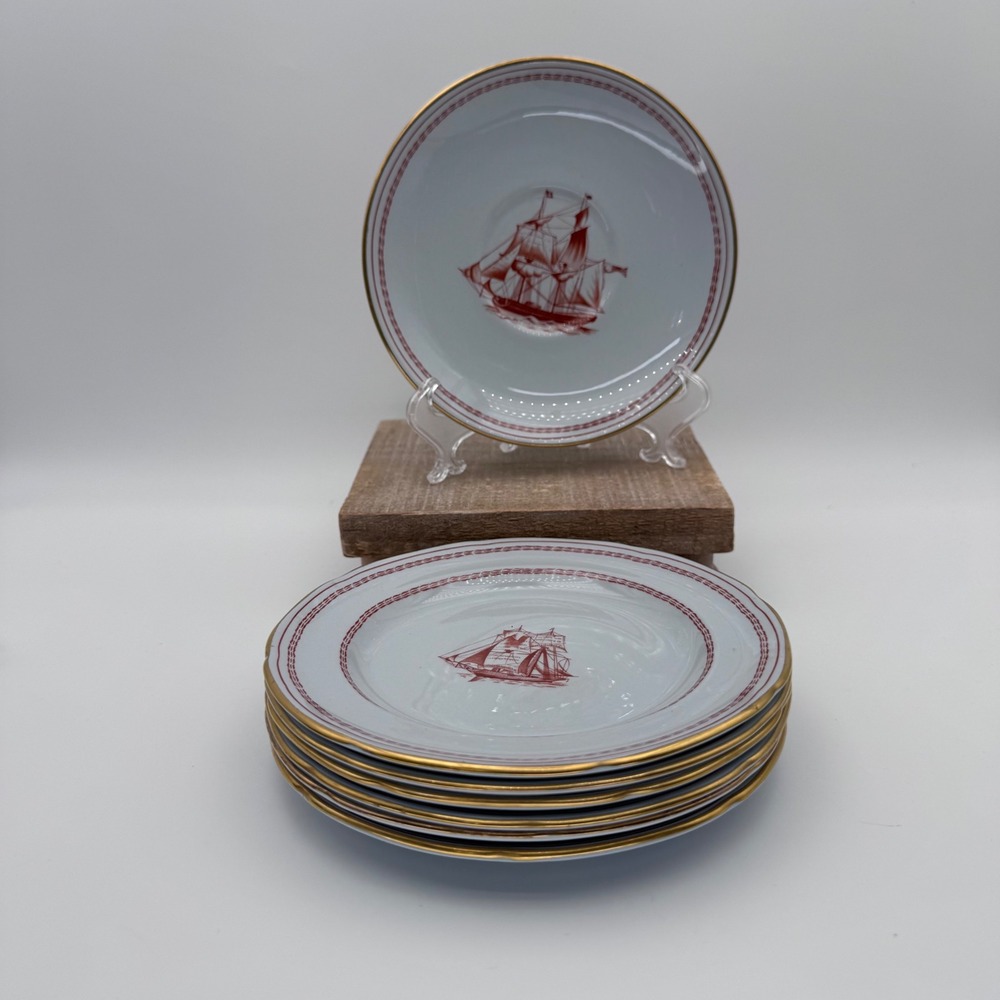 Spode Trade Winds Red Bread Butter Plates Set 6 Nautical Gold Trim 6" One Saucer